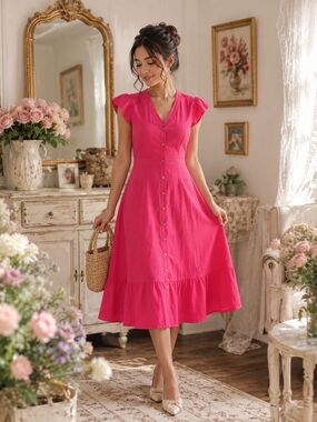 Sharagano 4 Pink Linen Blend Button Front A-Line Midi Dress Flutter Sleeve